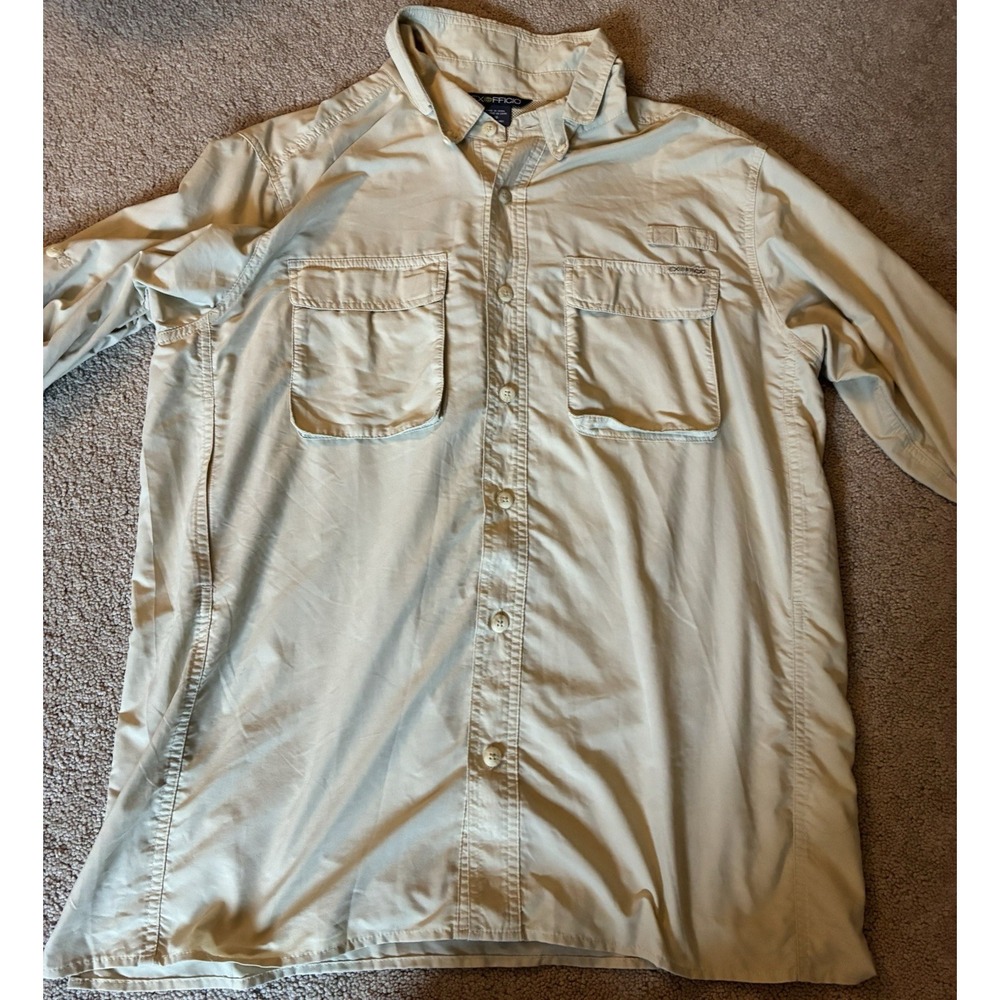 ExOfficio Men's Button-Up Shirt Beige Long Sleeve Point Collar Pockets L